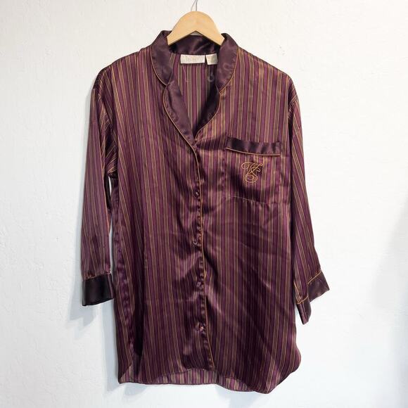 Vintage Victoria Secret Night Shirt P XS Satin Stripe Button Burgundy Gold Label - Picture 1 of 7